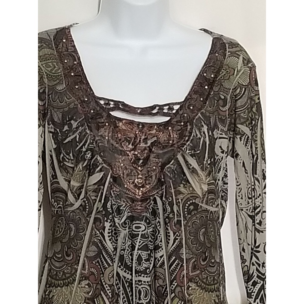 Energe World Wear Blouse Top Size S Womens Paisley 3/4 Sleeve Lace Sequins Y2K